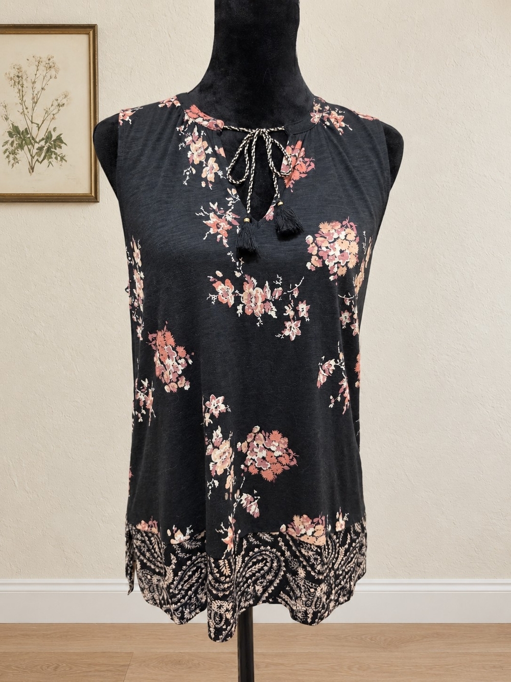 Lucky Brand Black Floral Tassel Tie Sleeveless Tank